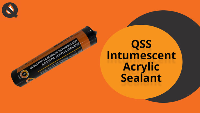 An orange screen with the Quelfire logo in the left-hand corner. An image of the QuelStop Acrylic Sealant is displayed with the text 'QSS Intumescent Acrylic Sealant'.