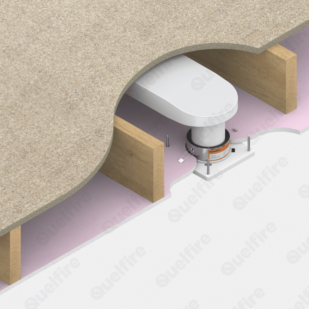 Quelfire CFC applied to a plastic ceiling fan penetrating a plasterboard ceiling.