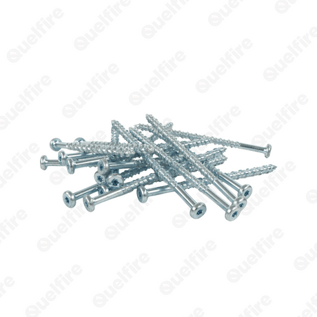 Several silver concrete screws on a white background. The Quelfire logo is watermarked.