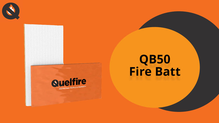 An orange screen displaying the QuelStop Fire Batt, alongside the text 'QB50 Fire Batt.