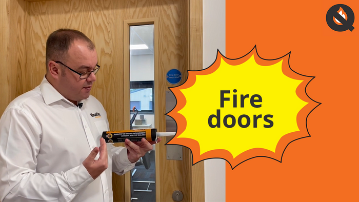 Alec Purdie, Technical, wearing a white Quelfire shirt and holding the QuelStop Acrylic Sealant product. The other side of the image is block orange and titled, 'Fire doors'.