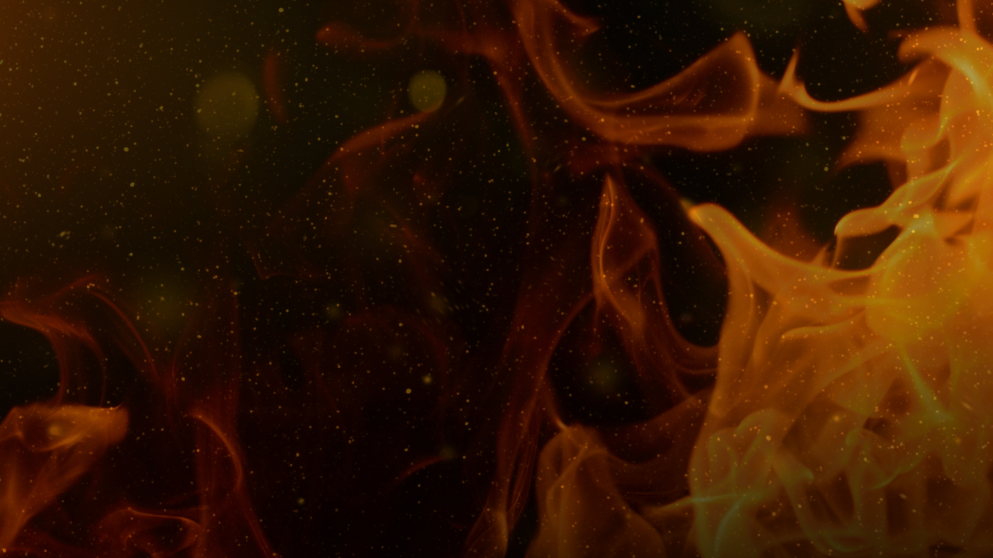 Dark background image with flames emerging from the right hand side.