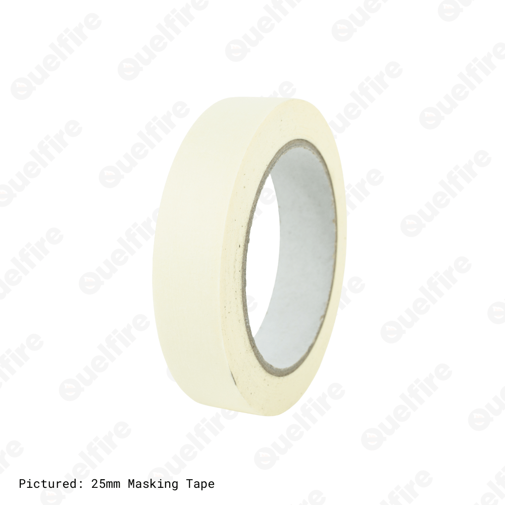 Cream 25mm masking tape pictured on a white background, with 'Quelfire' watermarked.