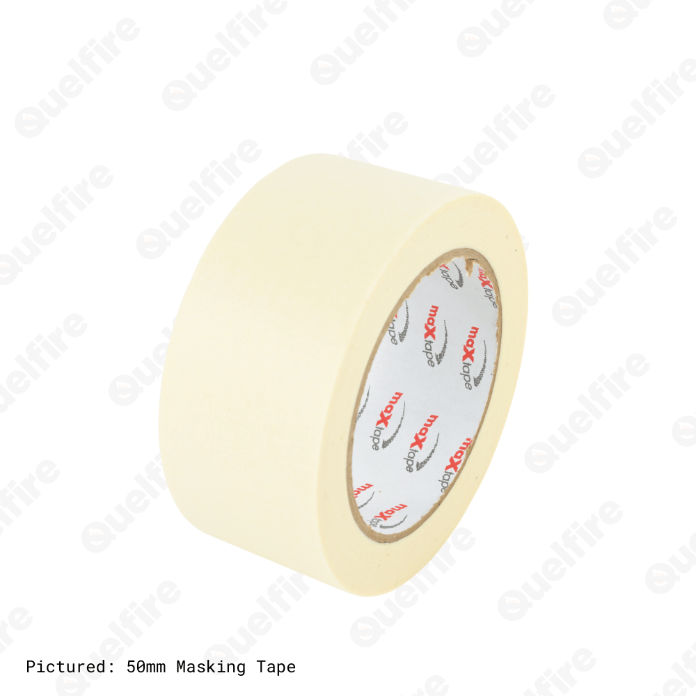 Cream 50mm masking tape pictured on a white background, with 'Quelfire' watermarked.