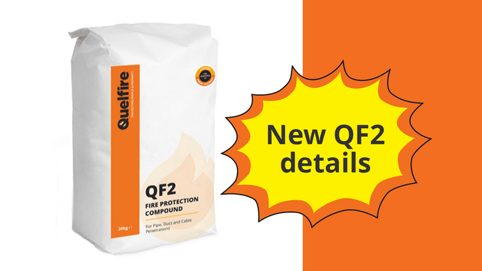The screen is split 50/50, white and orange. On the left-hand side is the QF2 Fire Protection Compound; on the right-hand side, the title 'New QF2 details'.