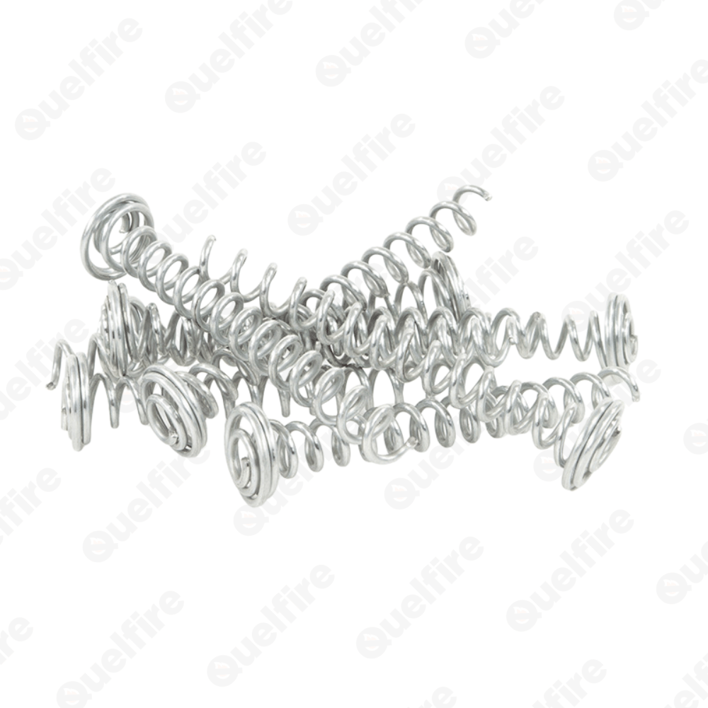 Several silver pigtail screws on a white background. The Quelfire logo is watermarked.