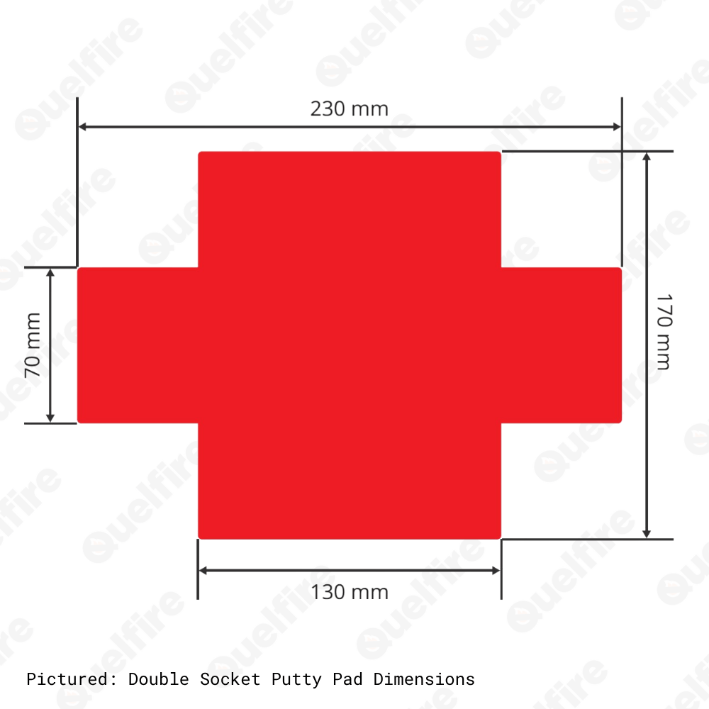 Double-socket putty pad dimensions pictured on a white background. The Quelfire logo is watermarked.