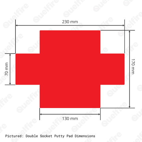 Double-socket putty pad dimensions pictured on a white background. The Quelfire logo is watermarked.