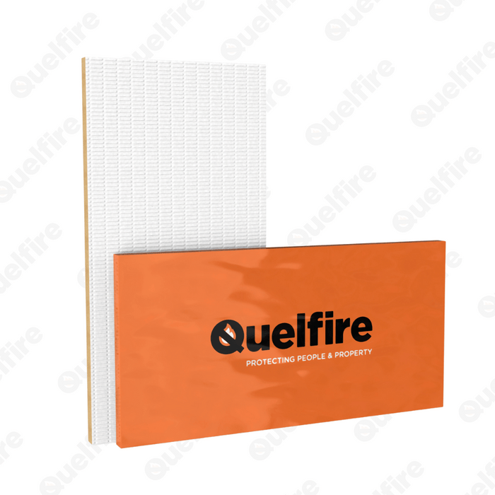 QuelStop Fire Batt on a white background. The image shows the batt both with and without packaging. The packaging is orange with the Quelfire logo central.