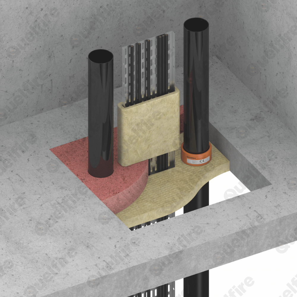 Cable tray and plastic pipes penetrating a floor, firestopped by mineral wool shuttering slab and QF2 compound.