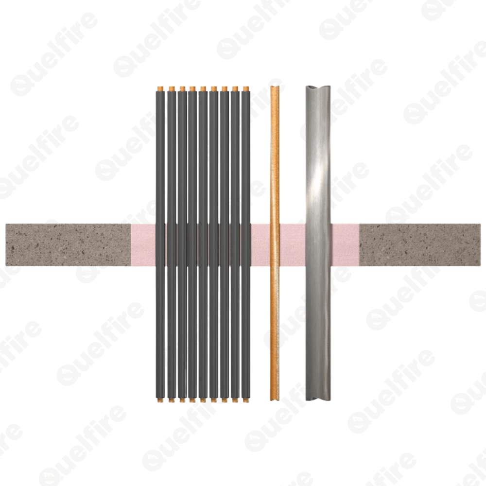 Cross section of Quelfire QF2 compound around pipes and cables penetrating a fire compartment floor.