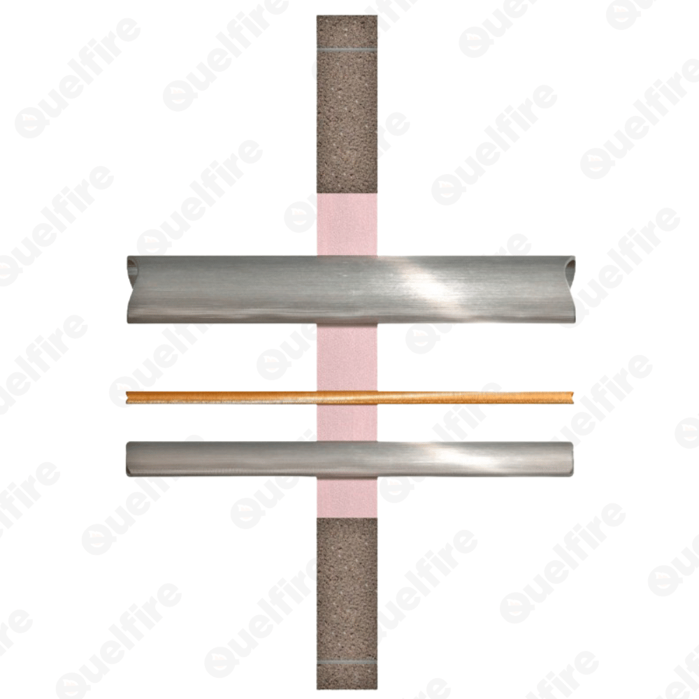 Cross section of Quelfire QF2 compound around pipes and cables penetrating a fire compartment wall.