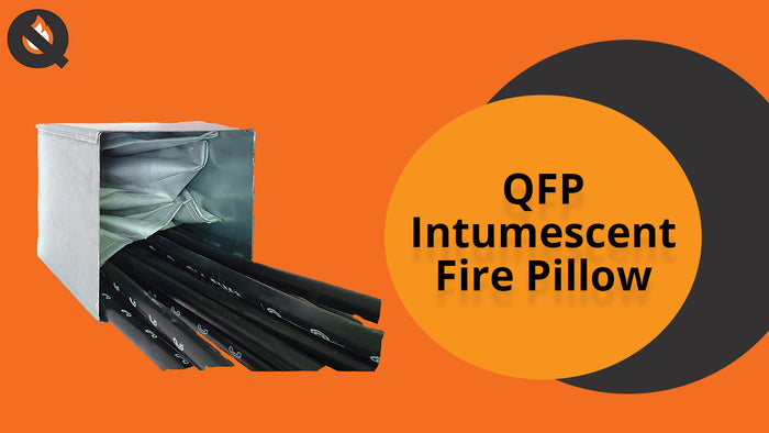 An orange screen displaying Quelfire Fire Pillows, along with the text, 'QFP Intumescent Fire Pillow'. In the left-hand corner, you can see the Quelfire logo.