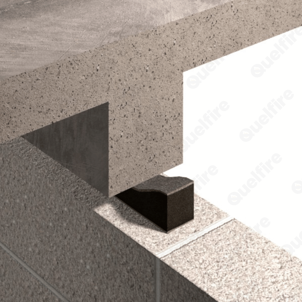 Concrete walls intersect at a right angle, forming a corner. A black block of Quelfire Intufoam is positioned between them, showing a structural detail. Neutral tone.