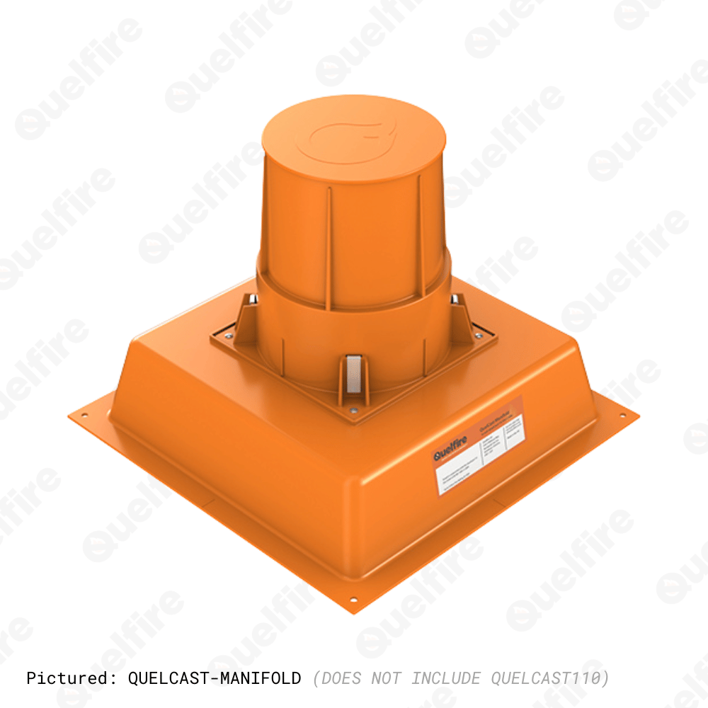 The QuelCast manifold on a white background. The Quelfire logo is watermarked.