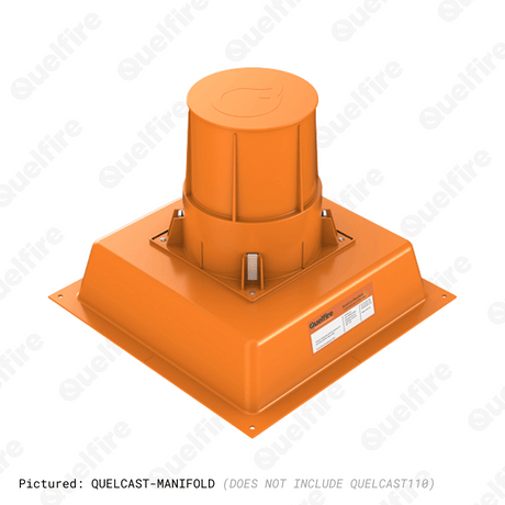 The QuelCast manifold on a white background. The Quelfire logo is watermarked.