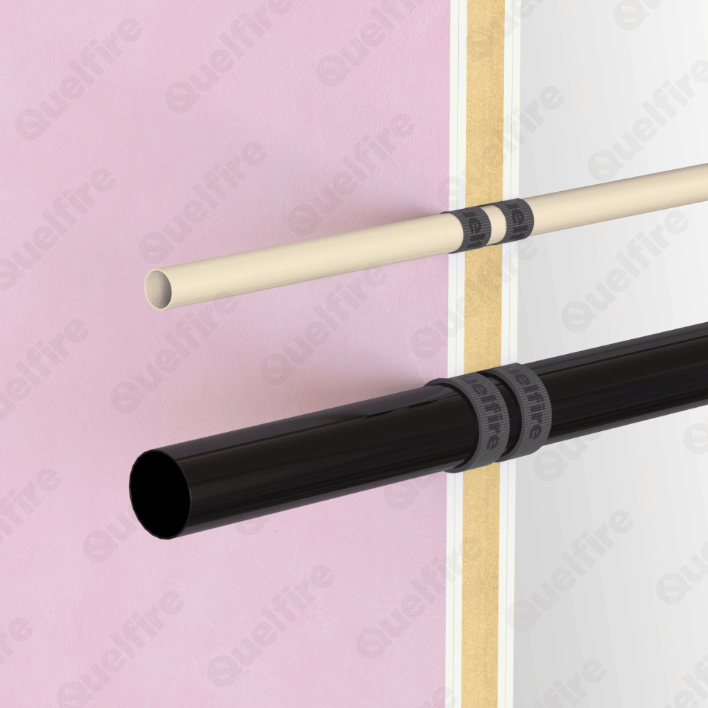 Quelfire Quelcoil wrap installed around plastic pipes penetrating a plasterboard fire compartment wall.