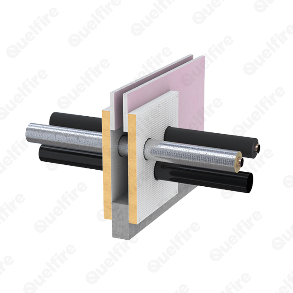 Cross section of Quelfire Quelcoil wrap installed around plastic and insulated non-combustible pipes in pattress fitted fire batt in a fire compartment wall.