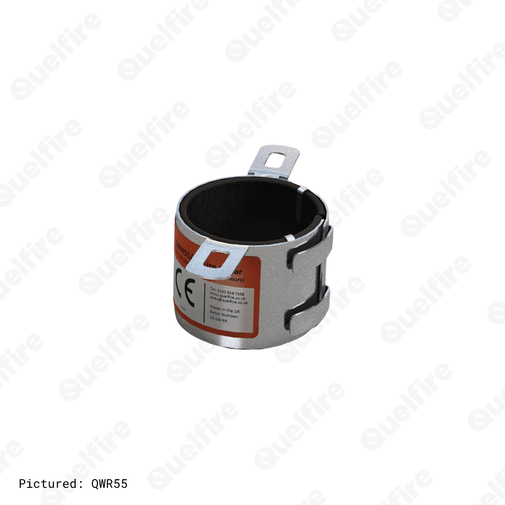 The QWR55 on a white background. The image depicts a circular steel shell with two mounting lugs and an orange and white Quelfire label. Inside the circular opening is a black intumescent material.