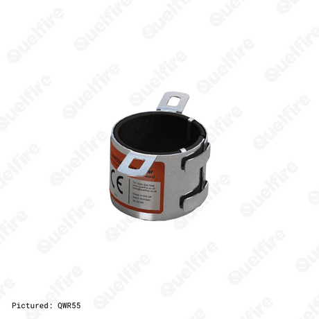 The QWR55 on a white background. The image depicts a circular steel shell with two mounting lugs and an orange and white Quelfire label. Inside the circular opening is a black intumescent material.