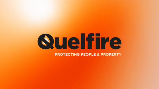An orange gradient screen with the Quelfire logo centre.