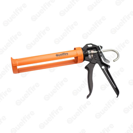 Orange sealant gun with Quelfire's logo.