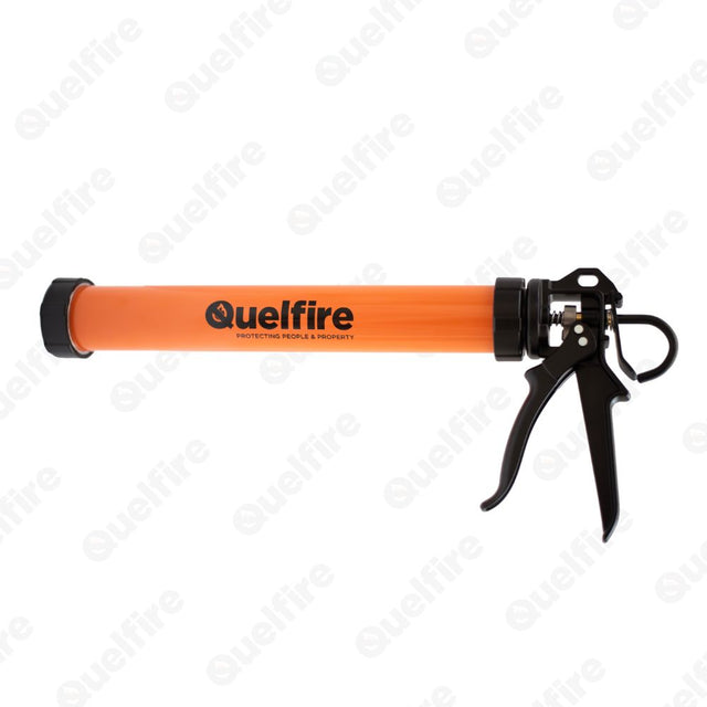 Orange sealant gun with Quelfire's logo.