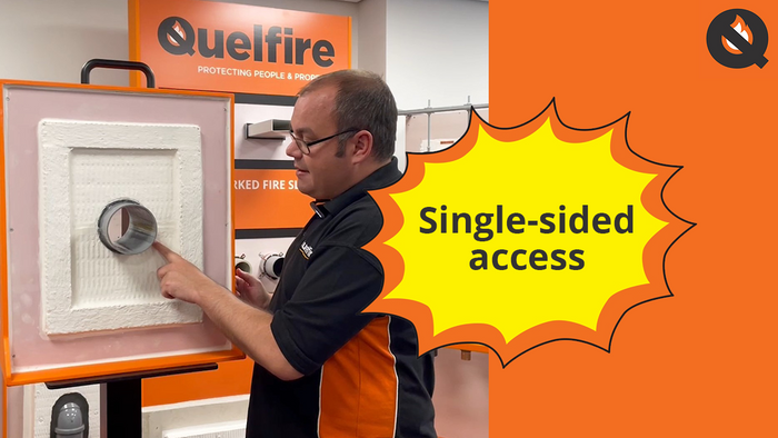 Alec Purdie, Technical, pointing to an application. He is wearing a black and orange Quelfire polo shirt. The image is titled 'Single-sided access' and has the Quelfire logo in the right-hand corner.