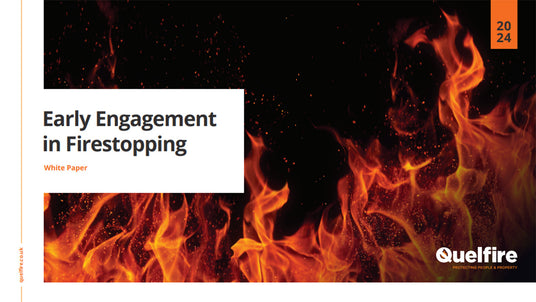 An image of Quelfire's white paper on early engagement in firestopping. The cover has flames and Quelfire's logo, dated 2024.