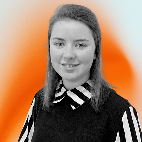 Xenia Hutchins, Executive Assistant, with a black-and-white filter. The background is an orange gradient.