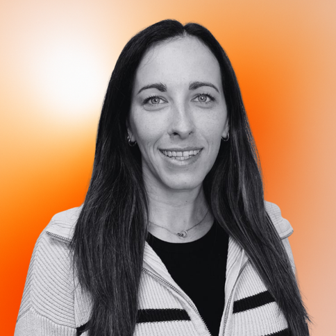 Chloe Miller, Technical, with a black-and-white filter. The background is an orange gradient.