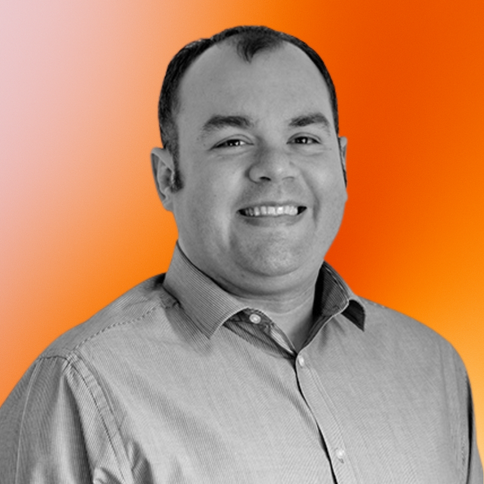 Alec Purdie, Technical, with a black-and-white filter. The background is an orange gradient.