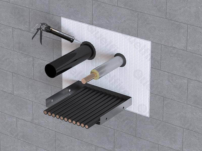 Image of the QuelStop HPE Sealant and QuelStop Fire Batt installed. The Quelfire logo is watermarked.