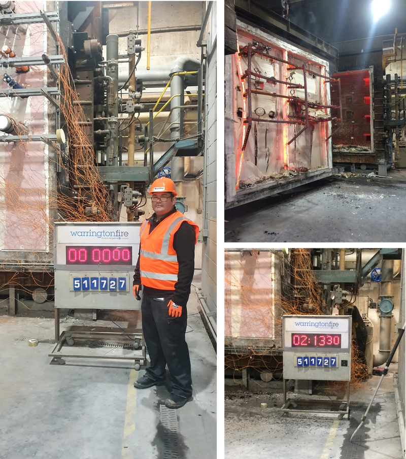 Alec (technical manager at Quelfire) is stood with a high viz and hard hat at Warrington Fire next to a fire test. The photo in the right corner shows the test has been running for 2 hours and 13 minutes.