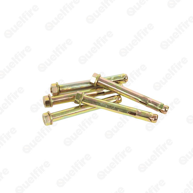 Several bronze concrete nut-type sleeve anchor screws on a white background. The Quelfire logo is watermarked. 