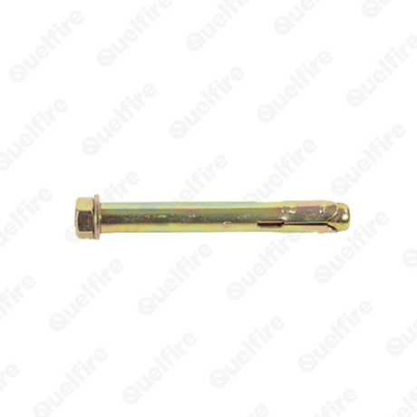 A bronze concrete nut-type sleeve anchor on a white background. The Quelfire logo is watermarked. 