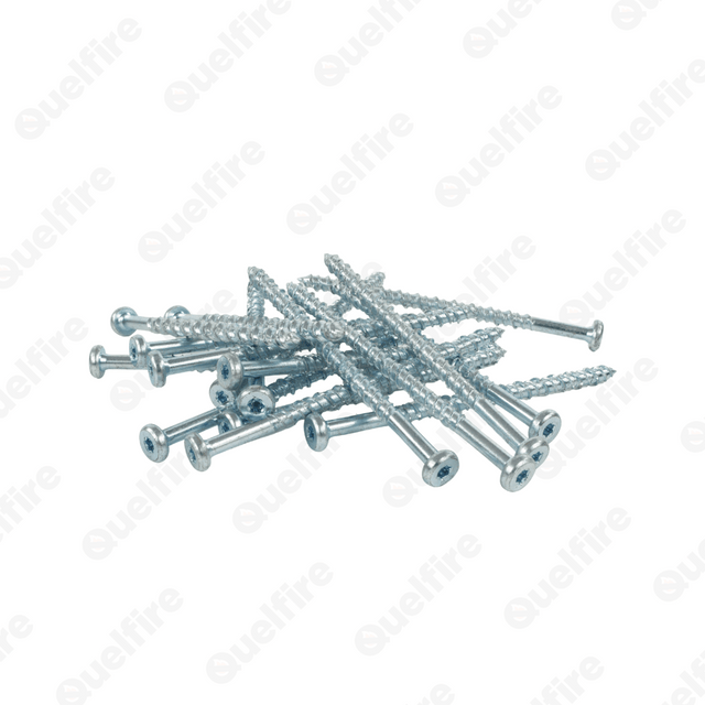 Several silver concrete screws on a white background. The Quelfire logo is watermarked. 