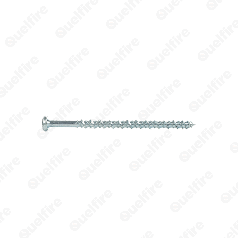 A silver concrete screw on a white background. The Quelfire logo is watermarked. 