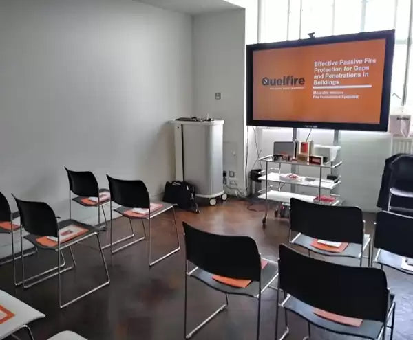 Image of a room set up ready for our CPD presentation on Effective Passive Fire. 
