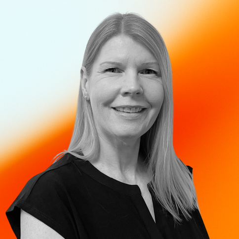 Debbie Fletcher, Customer Service, with a black-and-white filter. The background is an orange gradient. 