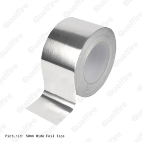 Silver 50mm-wide foil tape on a white background. The Quelfire logo is watermarked. 