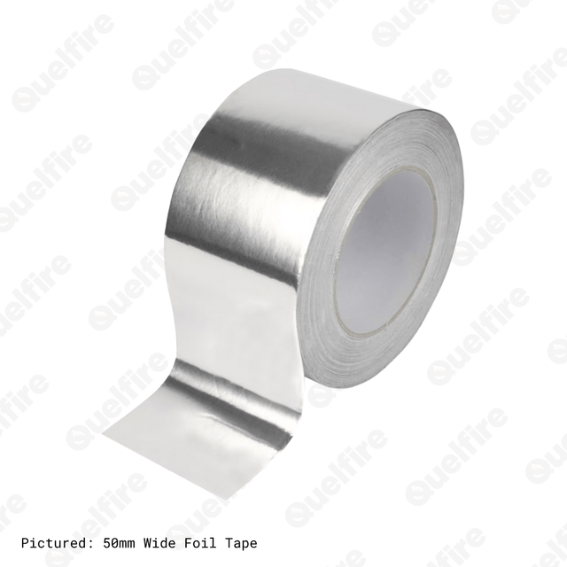 Silver 50mm-wide foil tape on a white background. The Quelfire logo is watermarked. 