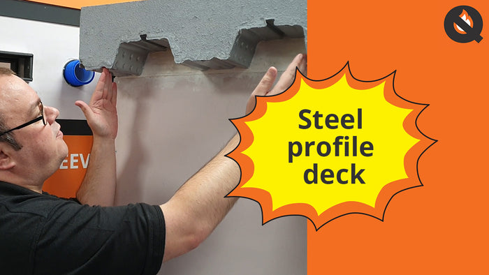 Alec Purdie, Technical, pointing to a steel profile deck. The other half of the image is block orange, with the text 'Steel profile deck'. 