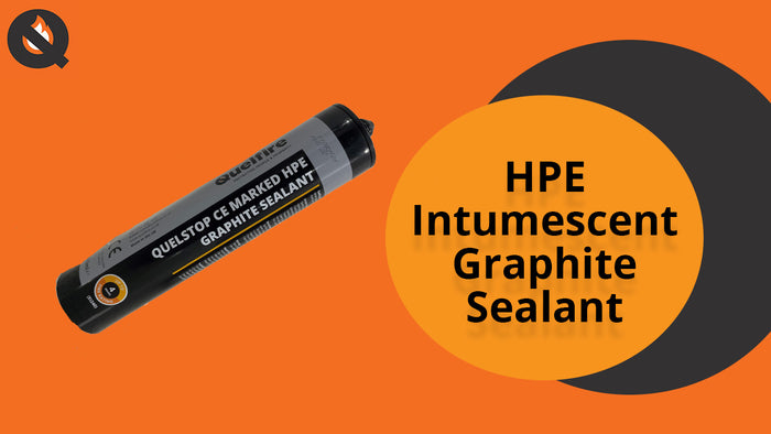 An orange background displaying the QuelStop HPE Sealant product, along with the text 'HPE Intumescent Graphite Sealant'.