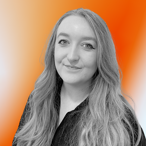 Hayley Clay, Marketing, with a black-and-white filter. The background is an orange gradient. 
