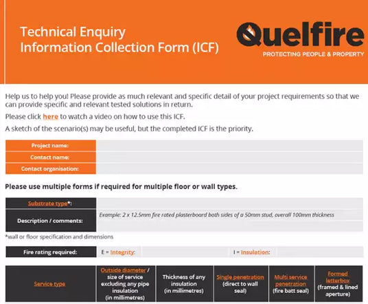 Screenshot of Quelfire's Information Collection Form (ICF) in orange and charcoal. 