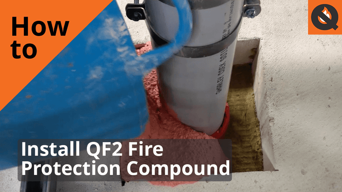 An image of the QF2 compound being poured around a plastic pipe. The image is titled, 'How to install QF2 Fire Protection Compound'.