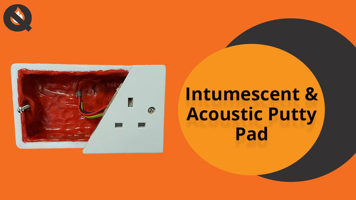 A Quelfire putty pad installed into an electrical socket box on an orange background, along with the text 'Intumescent & Acoustic Putty Pad'. 