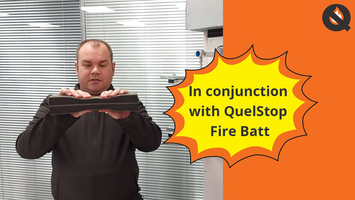 Alec Purdie, Technical Manager, is wearing a black jacket and is holding Quelfire's Intufoam product. The other half of the screen is block orange, with text that says, 'In conjunction with QuelStop Fire Batt'.