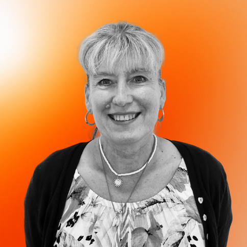 Liz Birkenhead, Operations Team Leader, with a black-and-white filter. The background is an orange gradient. 